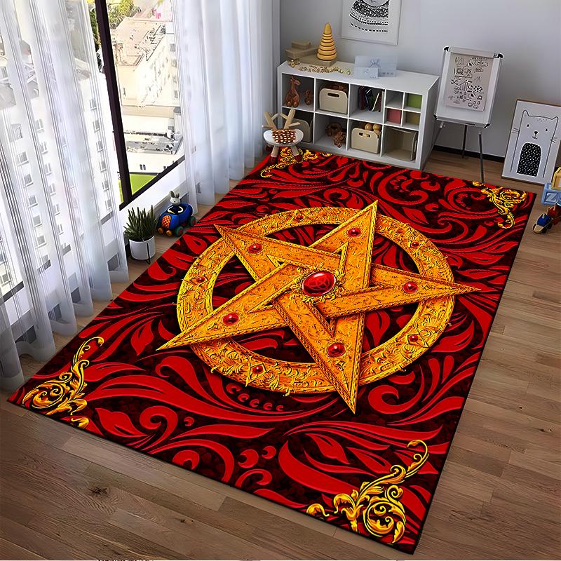 Vintage Red and Gold Pentagram Pattern Carpet with Ornamental Details Suitable for use as an anti-slip for living room bedroom sofas