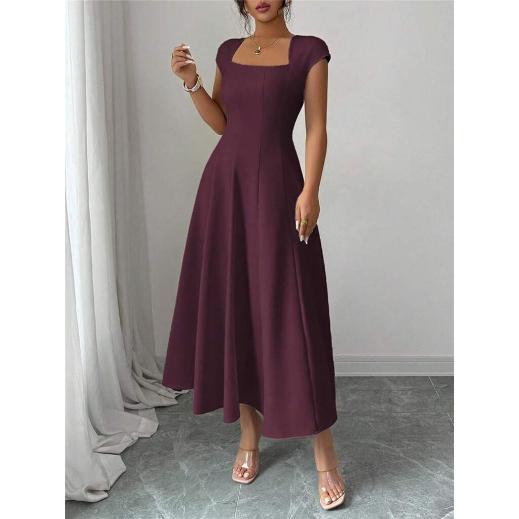Vestido Elegante Largo de Manga Corta con Escote Cuadrado para Mujer