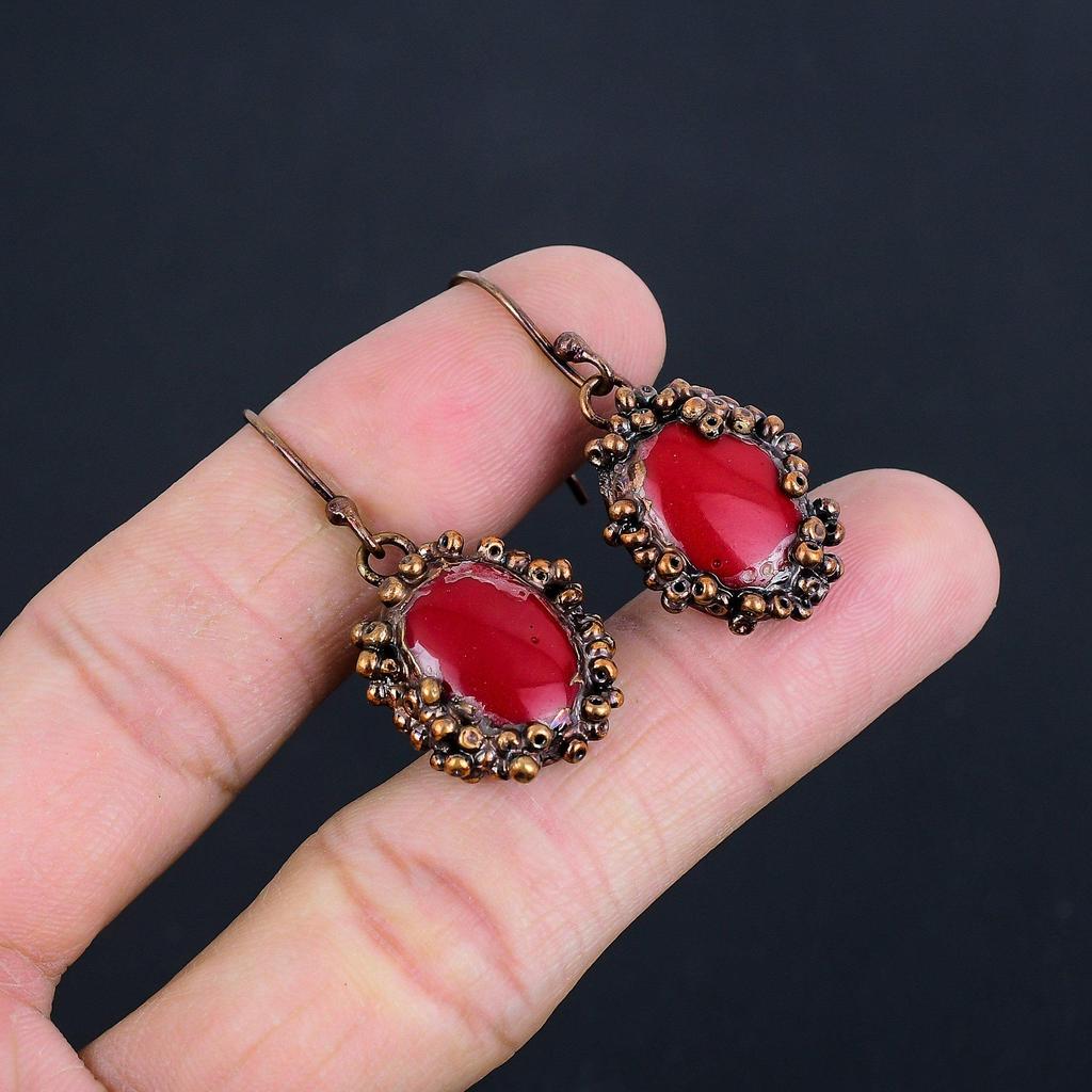 Ručně vyráběné náušnice z červeného korálu a drahokamů, měděné elektroformované náušnice, starožitné šperky, jako zásnubní dárek