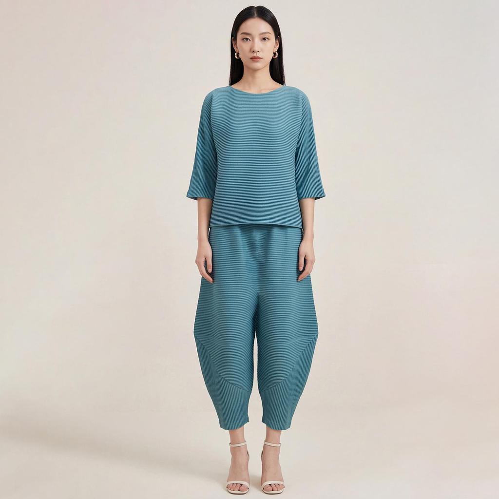Miyake Women's High-End Flattering T-shirt & Irregular Harem Pants Two-Piece Set