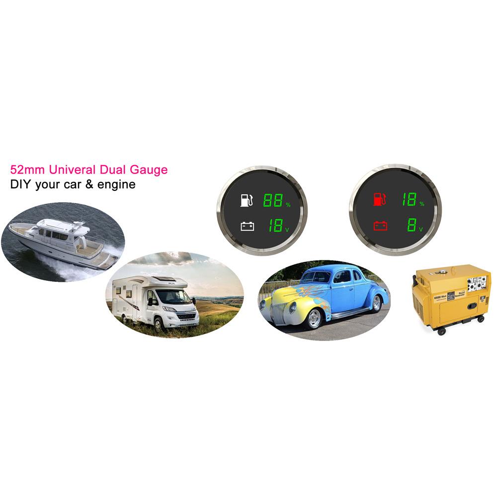 Digital LED Meter 12V / 24V, 52mm, 2 in 1, Voltage + Fuel level, Dual sensor, Waterproof