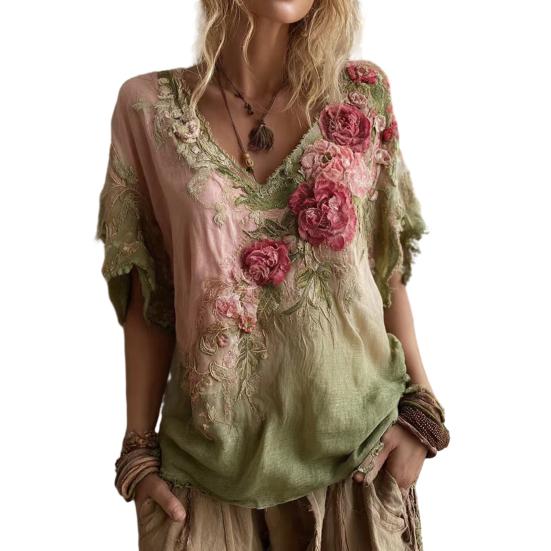 Women Tops 3D Printed Imitation Jacquard V-Neck Short Sleeve Loose Fit Soft Breathable Summer Shirt Daily Wear