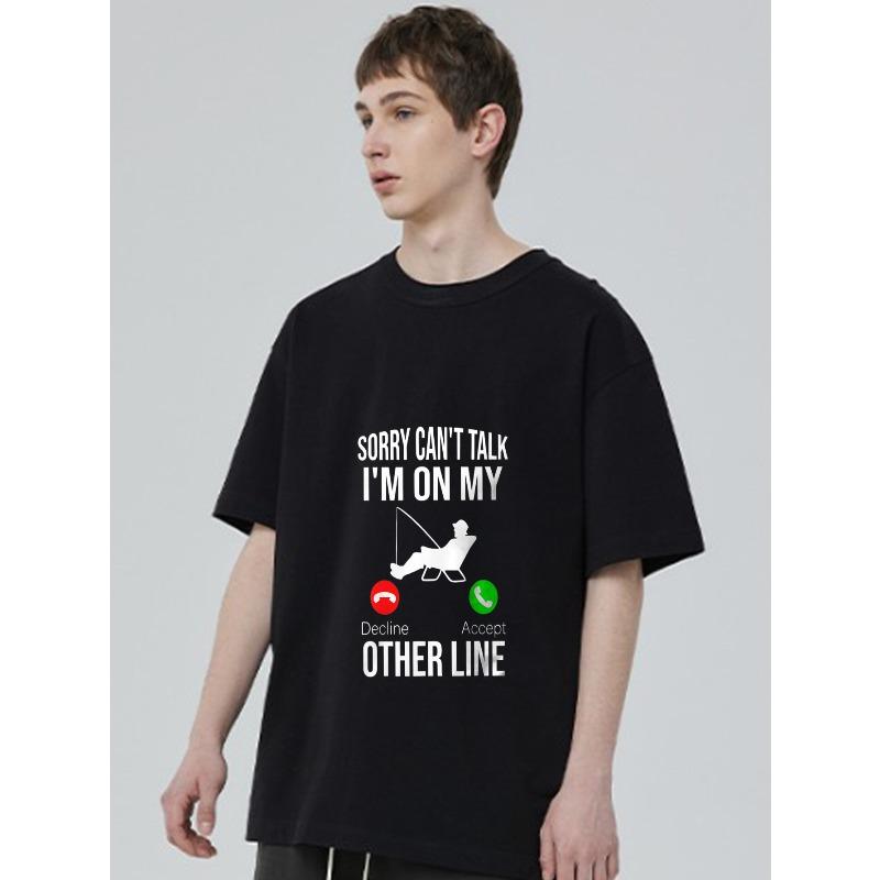 Crewneck T Shirt Black Fishing Man with Phone Icons and Text Sorry Cant Talk Im On My Other Line Casual Wear for Outdoor Activities and Everyday Use