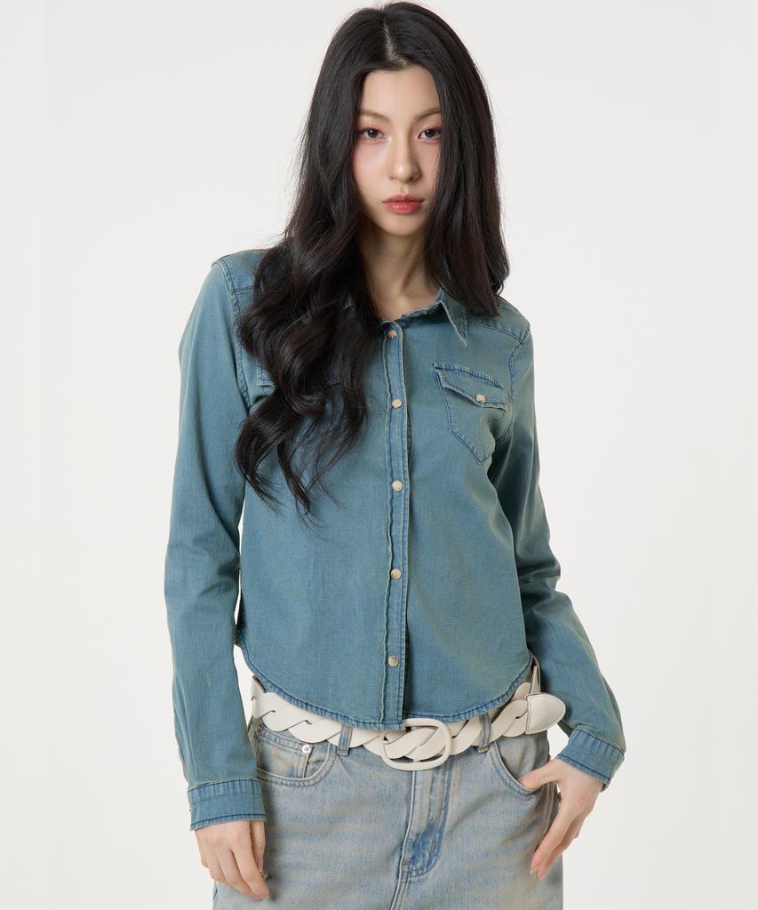 UNKNOWN PLANET Ring Snap Slim Fit Denim Shirt Sand Blue
