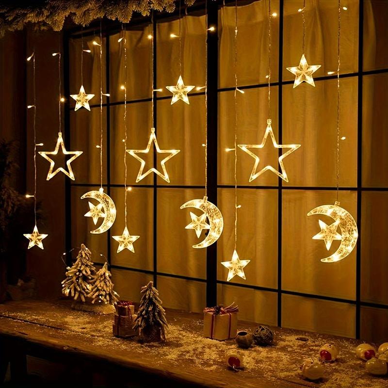 1 Set LED Fairy Curtain Lights - Star and Moon Design Hanging Decor - Battery Operated (3 AA Not Included) - Perfect Gift for Home Decor Lovers