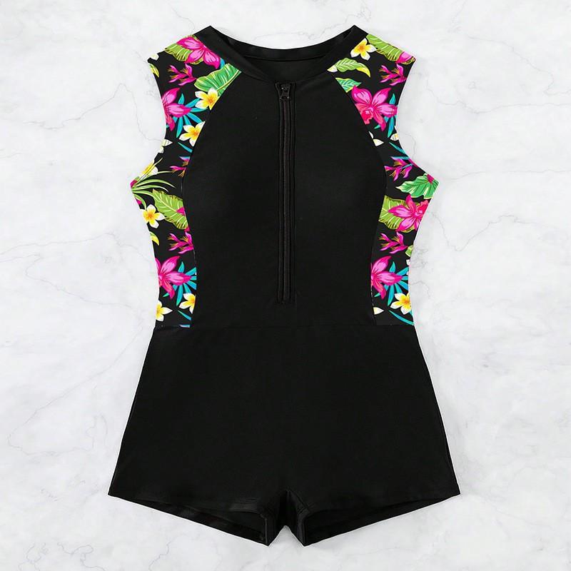 Printed Zipper Conservative One-piece Swimsuit Women s Flat Angle Covered Bikini Diving Suit S