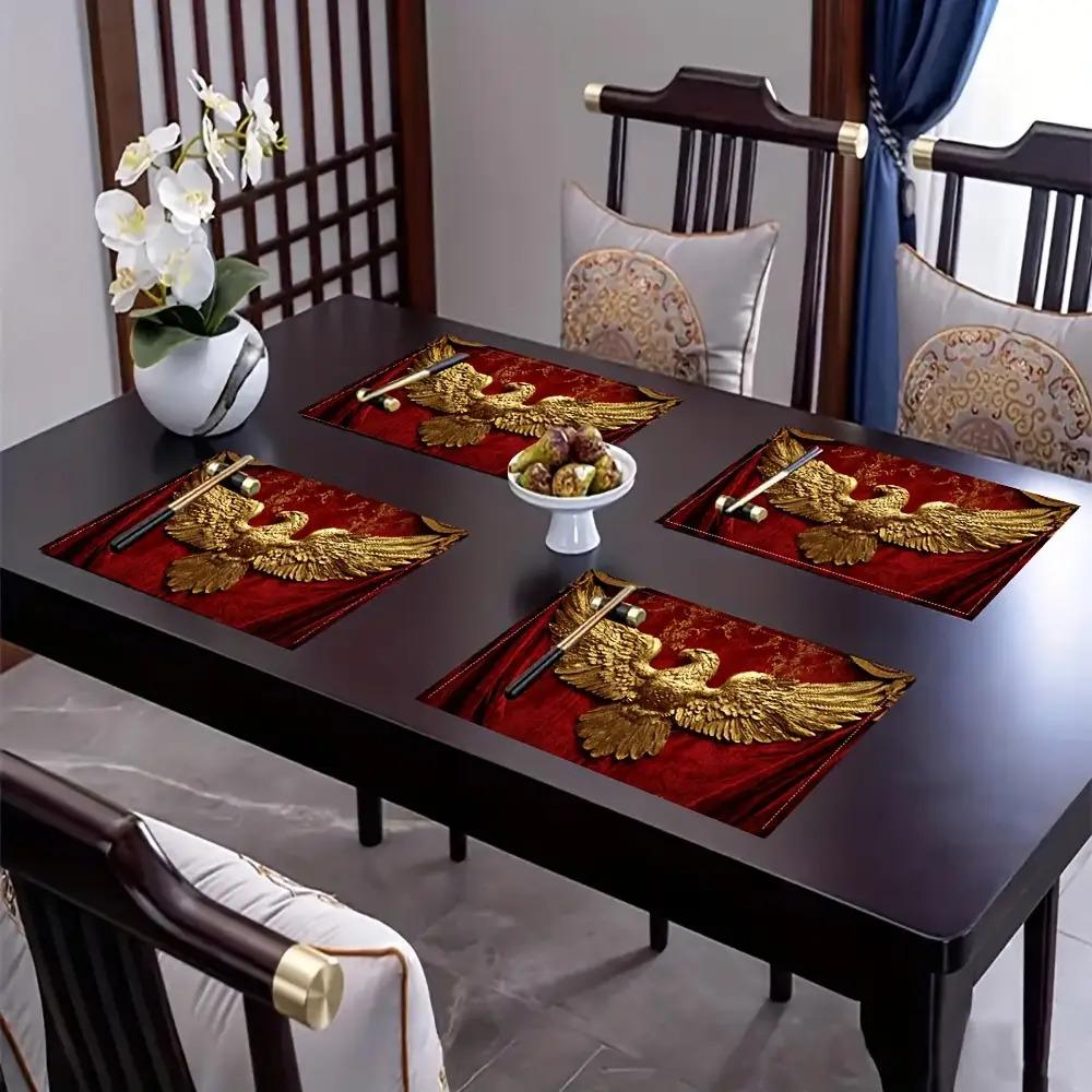 of 4, Golden Imperial Eagle from The Roman Empire on a Red Velvet Tablecloth, Featuring a Stylish Printed Design, Suitable for Dining Tables,