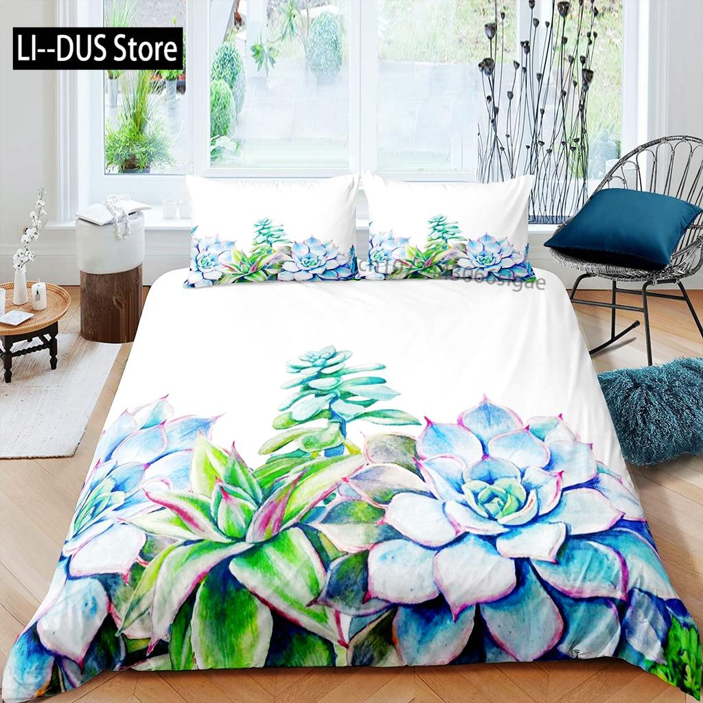 Succulents Bedding Set Green Plant Duvet CoverTropical Botanical Comforter CoverQuilt Cover for Bedroom Decor Full Size 3pcs