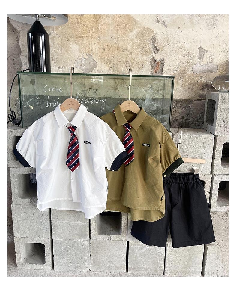 Kids' Korean Style Short-Sleeve Tie Shirt - 2026 Summer Trendy Performance Wear for Boys