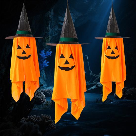 Halloween Hanging Pumpkin Ghost Decoration 40 Inch Large Orange Pumpkin with Wizard Hat for Outdoor Garden Tree Decor