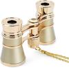 Lightweight, compact, vibration-proof binoculars for concerts, opera, and stage performances. Includes a strap, storage bag, and metal chain. Center