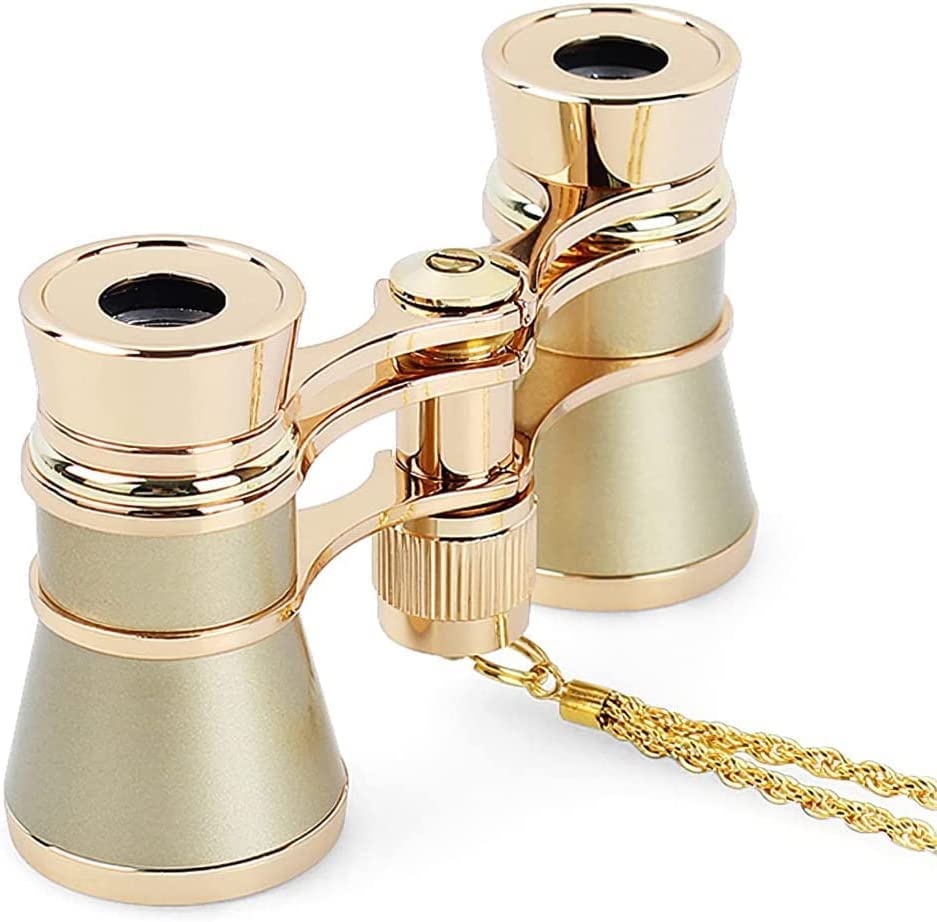 Lightweight, compact, vibration-proof binoculars for concerts, opera, and stage performances. Includes a strap, storage bag, and metal chain. Center
