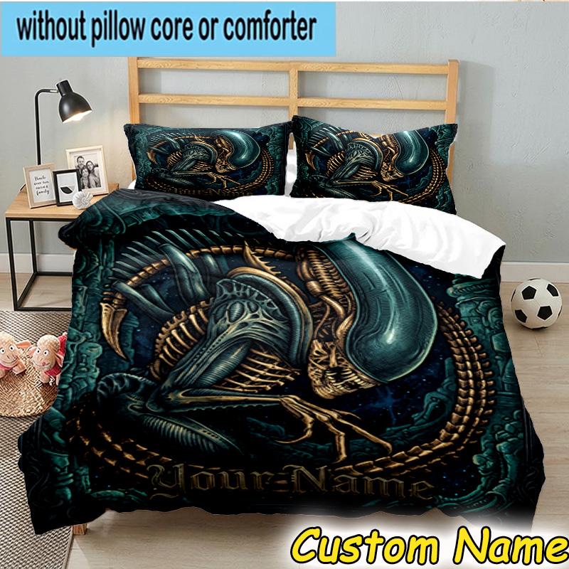 3pcs Custom Name Alien Artwork Bedding Set Includes 1 Duvet Cover & 2 Pillowcases for All Seasons Dormitory Home Decor Christmas Gifts
