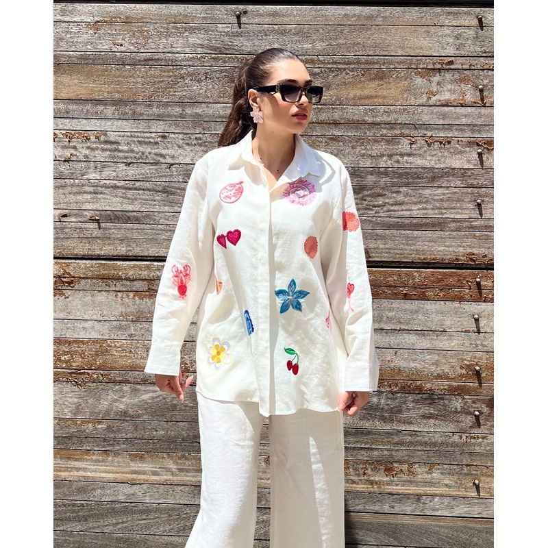 

European and American Women clothes New Embroidered Shirt Casual Set White 1 XL