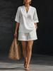European/American Women's Solid Color Cotton Linen V-Neck Casual Two-Piece Set (Top & Shorts) - Spring/Summer 2026 Collection
