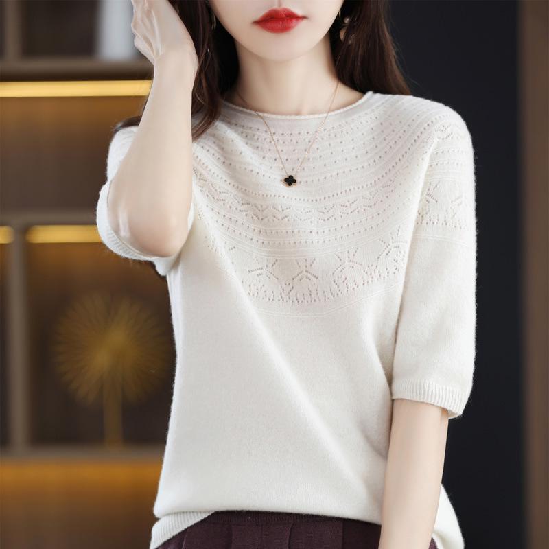 Women's Slim Fit Wool-Cashmere Sweater: Round Neck, Short Sleeve, Ideal for Autumn-Winter Layering