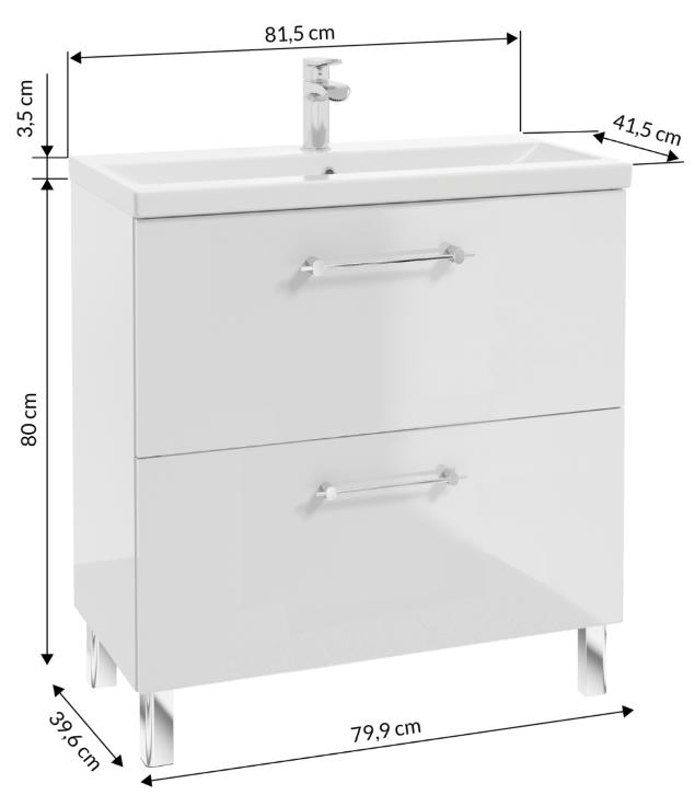 Zestaw Szafka łazienkowa z umywalką baterią i syfonem 80cm Stojąca biały połysk Cassandra