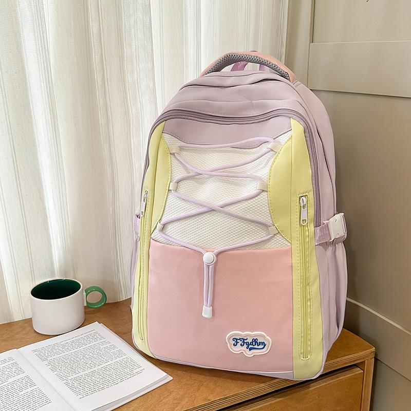 New high-value Mori ins sweet contrasting color splicing schoolbag for women, junior high school students, light travel backpack for women