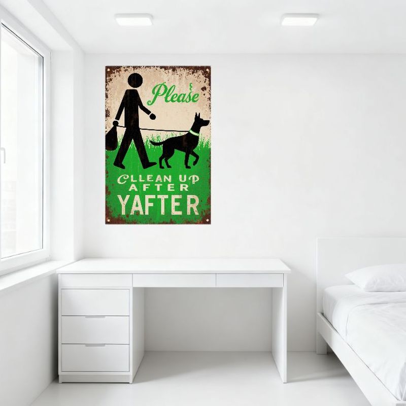 Vintage Style 'Clean Up After Your Pet' Metal Tin Sign with Silhouette Walking Dog & Waste Bag, Rusty Border Wall Decor for Home