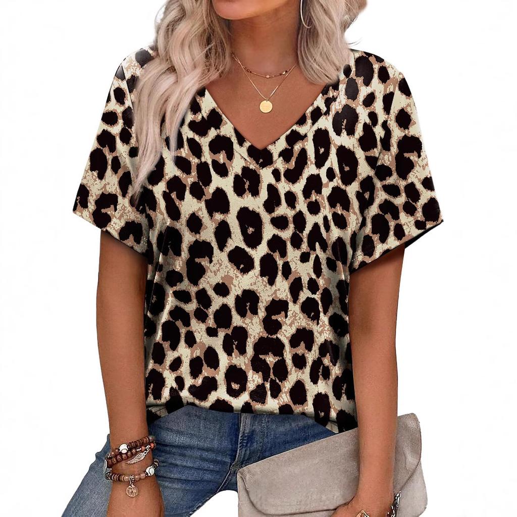 Summer V-neck 3D Leopard Print Pattern Printed Top Fashionable Casual Short Sleeved Women's T-shirts