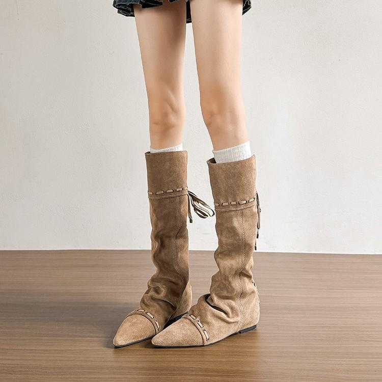 Wasteland Wind Retro Stiefel mit innenliegender Absatzhöhe, Schnürung, dünn, aber kniehoch, ideal für Herbst und Winter.