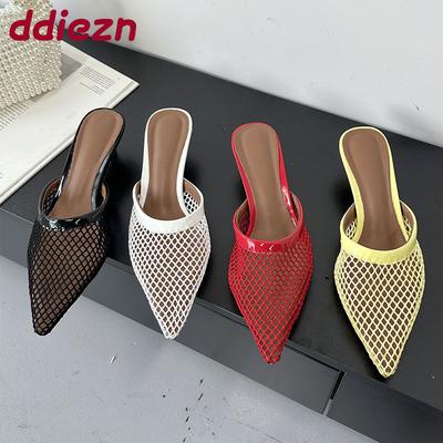 Fashion Pointed Toe Fashion Mesh Women Heeled Slippers Shoes Mules Ladies Low Heel Slippers Female Slides Sandals Pumps Big Size 43
