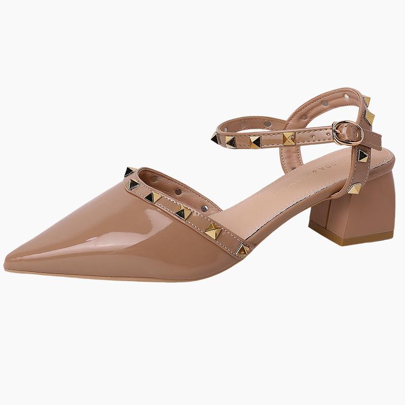 French temperament rivet thick heel pointed one-word buckle high heels women's summer fashion commuter bag head Roman sandals