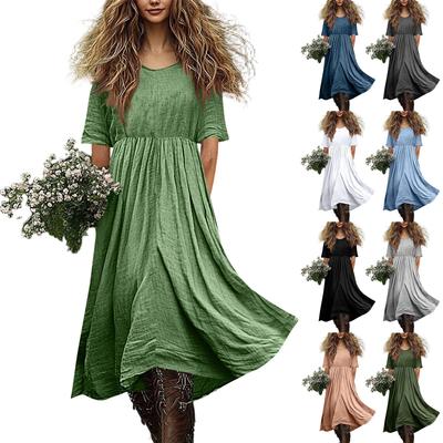 Women's Fashionable Cotton And Linen Solid-color Round-neck Half-sleeve Casual Loose Long Dress