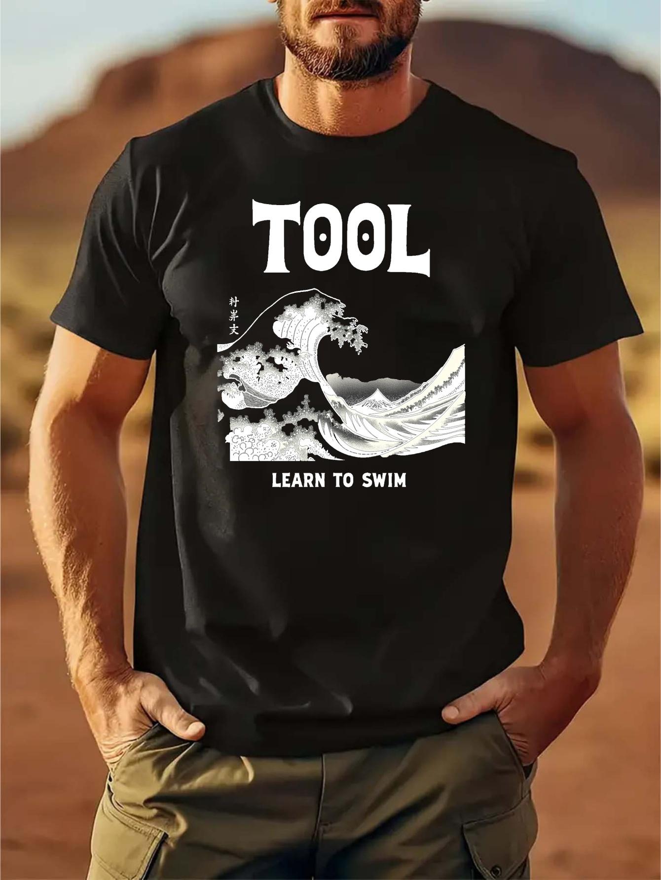 

6286 Cotton Blend T-shirt - Summer Casual & Sports Wear with Japanese Wave & Learn to Swim Graphic Print XXL