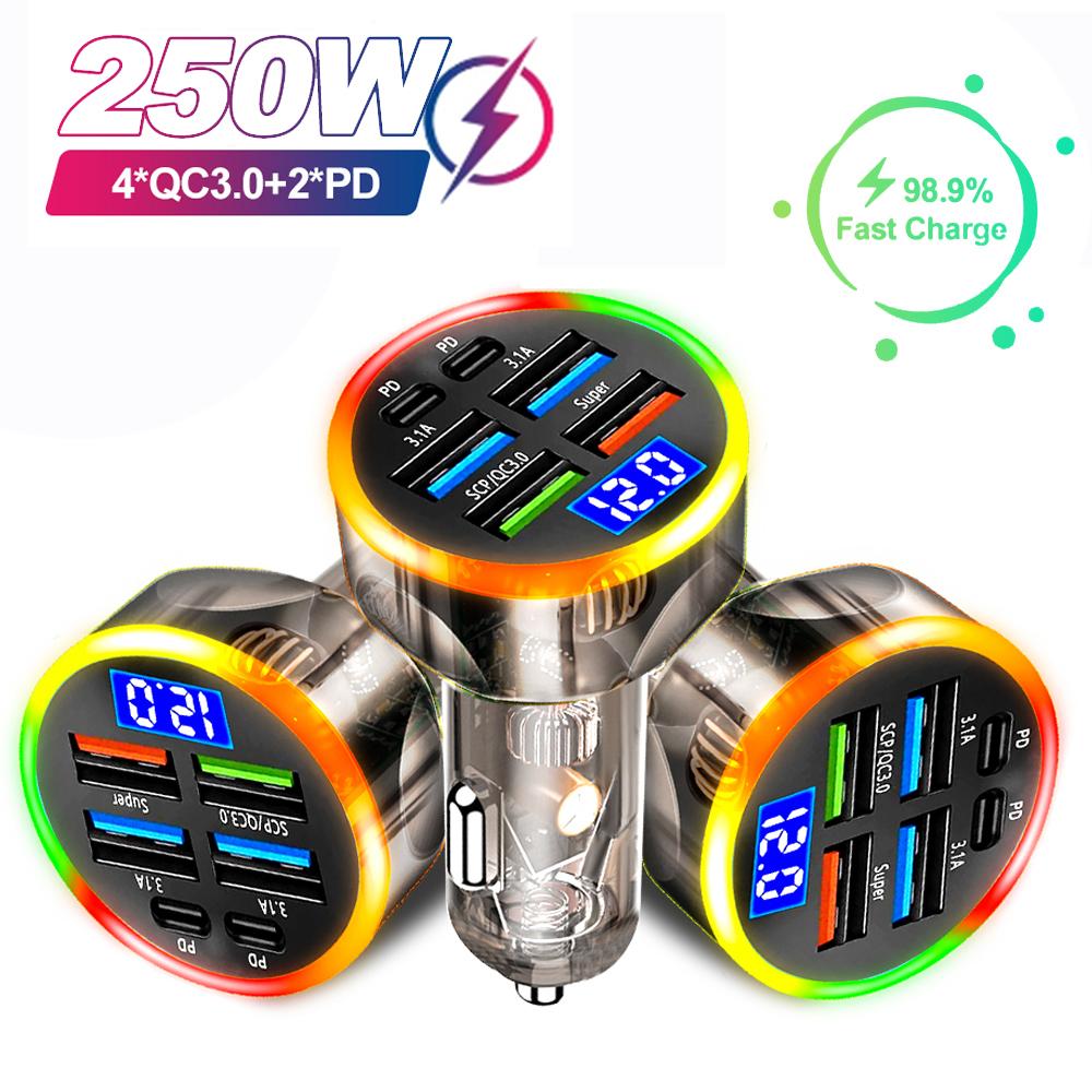 200W MINI Car Charger with Digital Display 6 Ports Fast Charging PD QC3.0 USB Quick Charging Adapter for iPhone Samsung Xiaomi