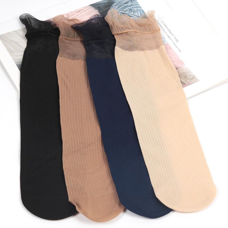 1 Pair Women'S Summer Ruffled Nylon Socks Transparent Stripes Lace Short - Breathable Ultra-Thin Elastic Non-Slip Sexy Stockings