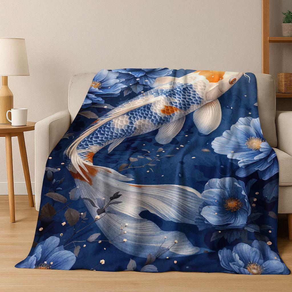 Luxuriöse Glückskarpfen Yin Yang Karpfen Cartoon Flanell Decke, Gemütliche Weiche Überwurfdecke für Zuhause Schlafzimmer Bett Sofa Abdeckung Geschenk Kind