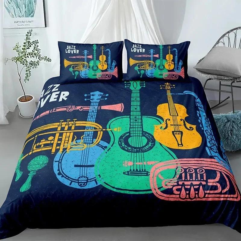 Music Guitar Bedding Set King Queen Heavy Metal Punk Rock Duvet Cover for Teen Boy Musical Note Polyester Comforter Cover