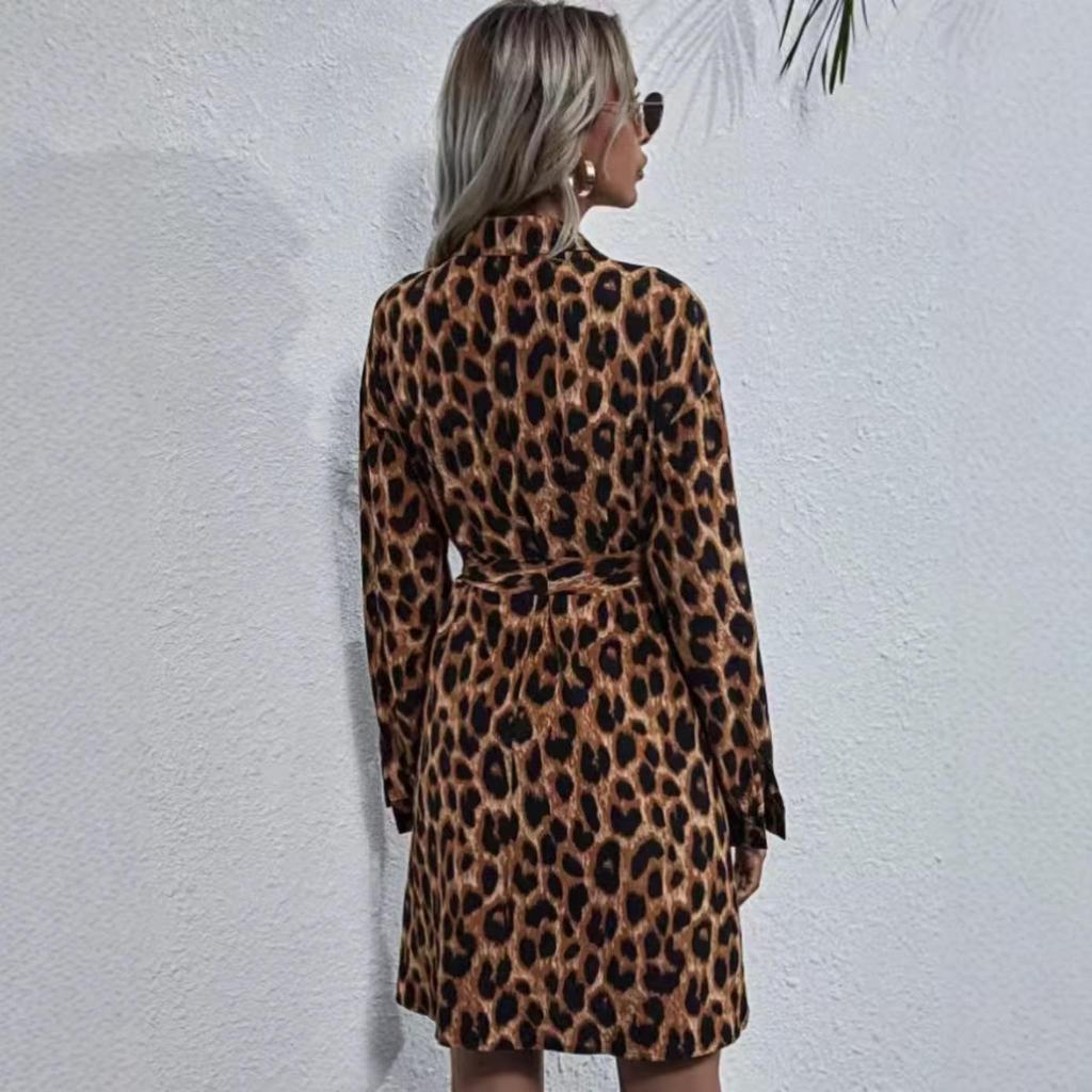 V-Ausschnitt Leo-Print Blumenkleid - Neuer Stil 2025, Europäische & Amerikanische Mode, Lässiges Langarm Damenbekleidung