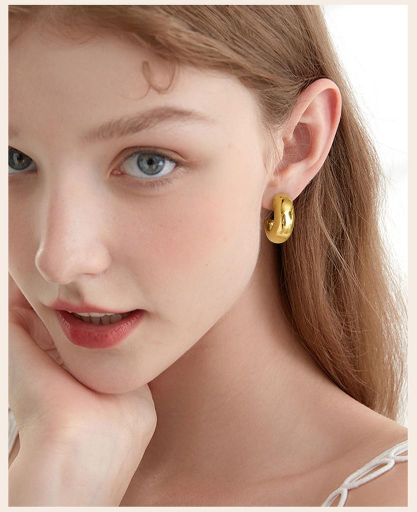 Thick Hoop Earring for Women, Chunky C-Shape Earrings Stainless Steel Open Hoops