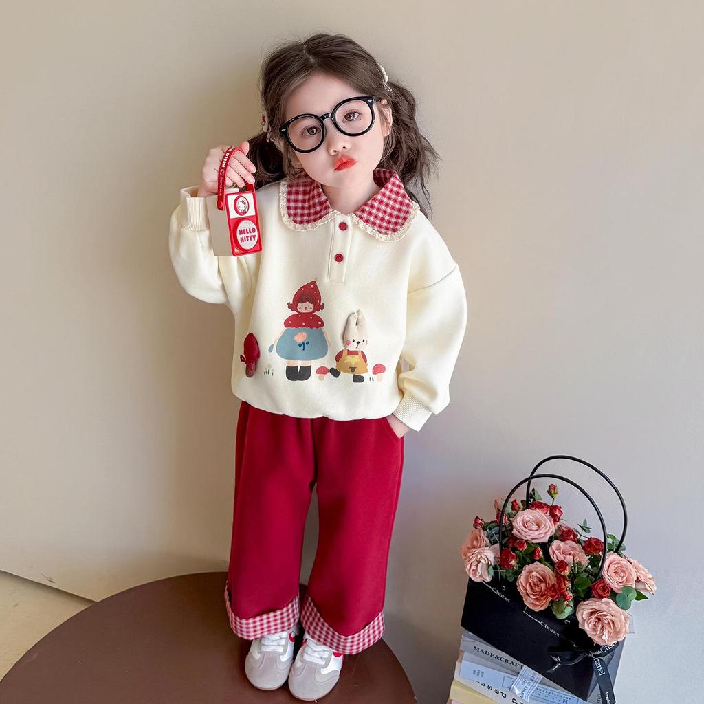 Girls' Cartoon Two-Piece Sweatshirt Set - 2025 Spring/Autumn Fashion, Fake Layered Style Casual Outfit
