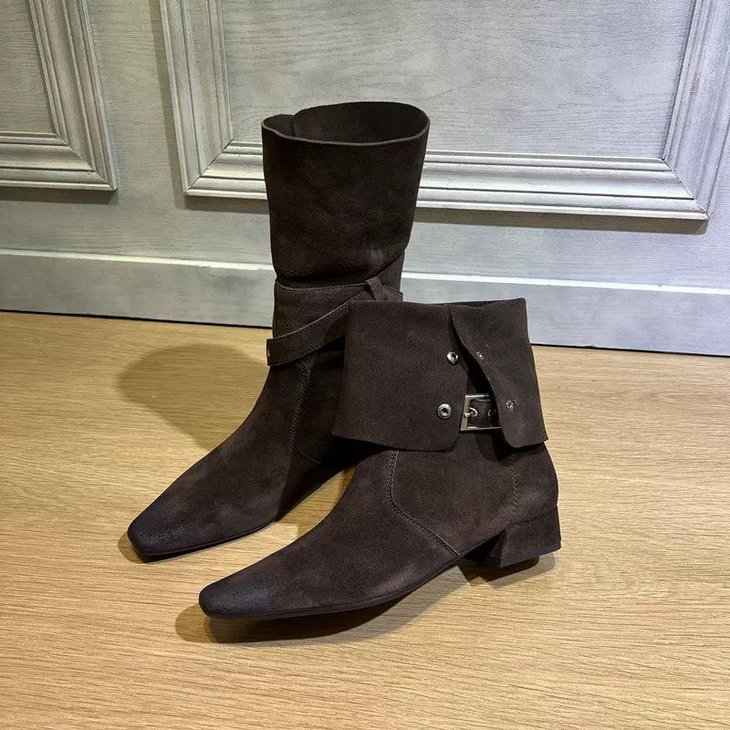 Sheepskin version~ Retro belt buckle small square head folded two wear medium boots western cowboy boots women's thick heel knight boots