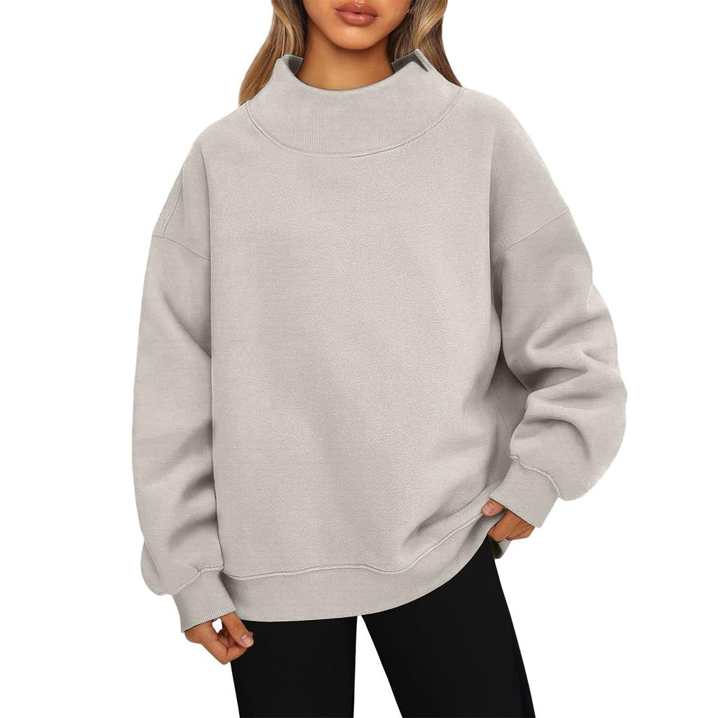 Ladies' Fashionable Loose High Neck Long Sleeved Solid Color Hoodie Top Pullover
