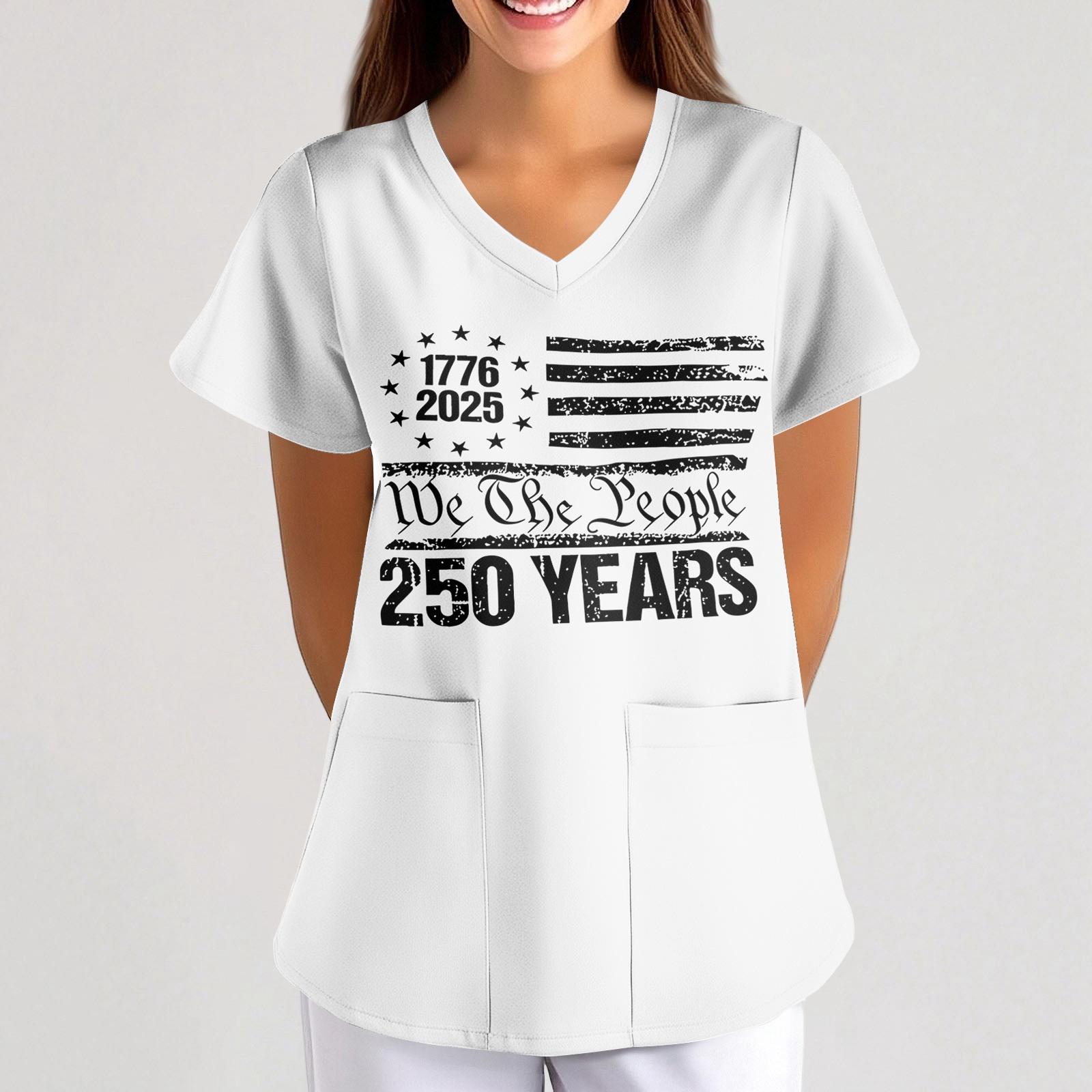Women s Independence Day Printed Loose V-Neck Pocket Short-Sleeve Caregiver/Uniform S белый