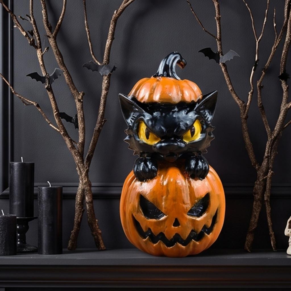 Resin Black Cat on Pumpkin Spooky Ornament Tabletop Decor Pumpkins Halloween Theme Decor for Tiered Tray Shelf Mantel Desks