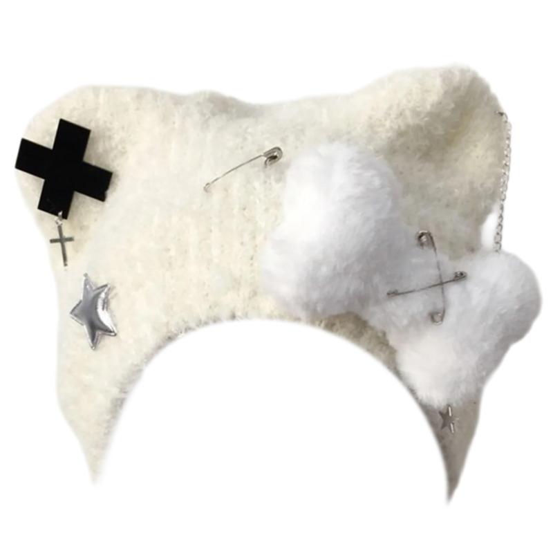 Bear Ear Knitted Hat Punk Crossed Winter Hat Soft Furry Knitted Snow Hat for Women Outdoor Activity Travel