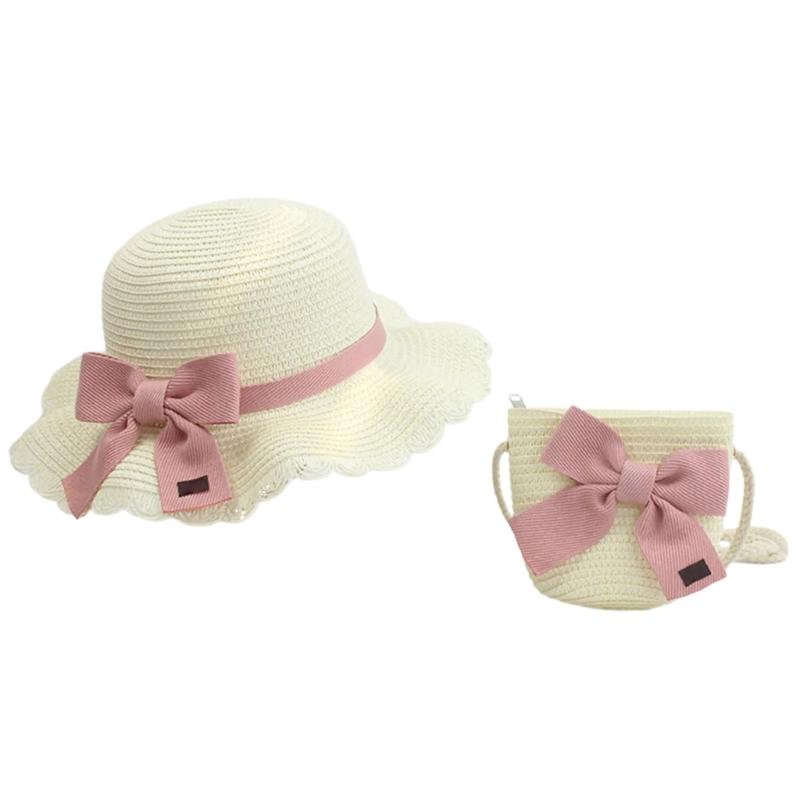 

Straw Hat & Shoulder Bag Set for Kids Girl Wide Brims Sun Hat Breathable Straw Hat Outdoor Beach Headwear Bowknot Bag