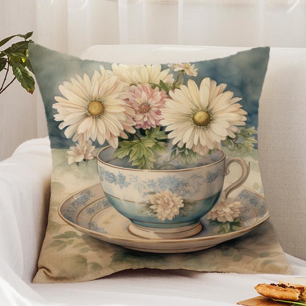 Painting Cup of Flowers Cushion Cover Premium Comfort Reversible Pillow Cover - Dual - Use Design for Home & Car
