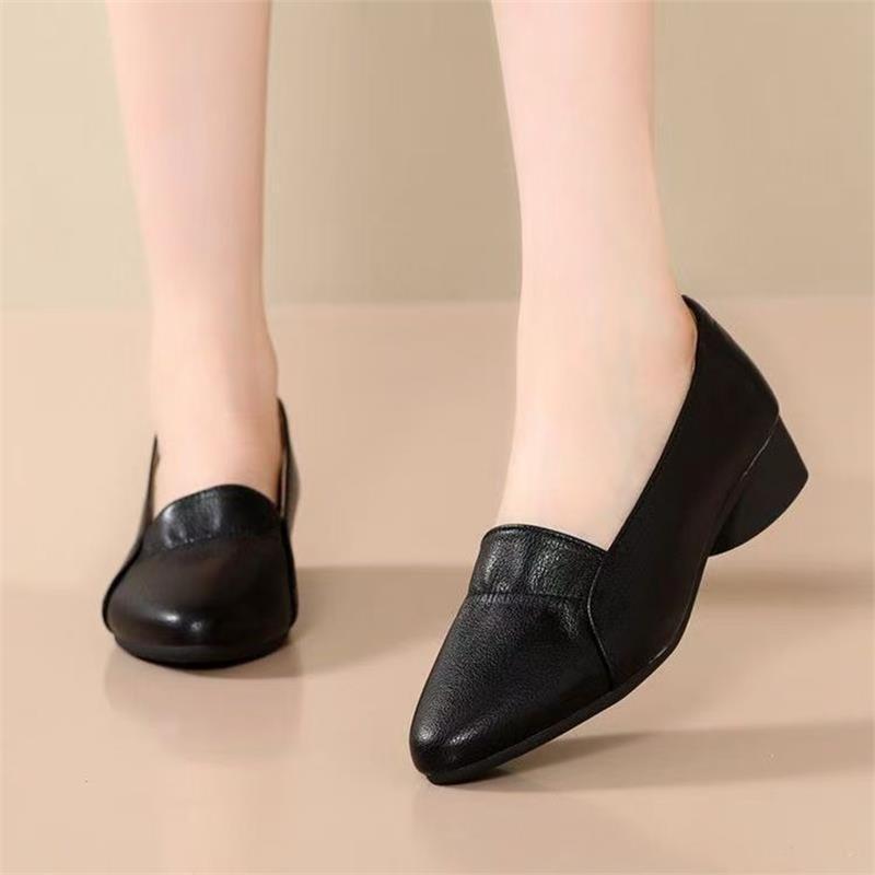 Women's Soft Leather Chunky Heel Shoes - Versatile Mom Fashion for Spring/Summer
