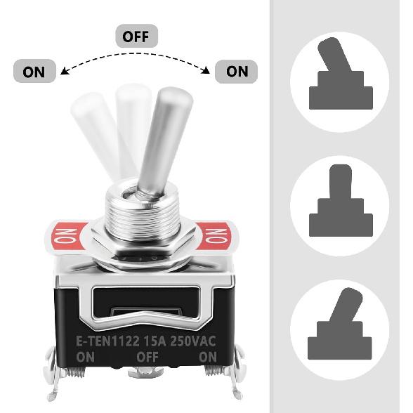 3 Way Toggle Switch, 3 Position ON-OFF-ON, 3 Pin, Black, with 2 Waterproof Boot Caps, 15A 250VAC for Ignition & Pressurization, Universal Fits Car