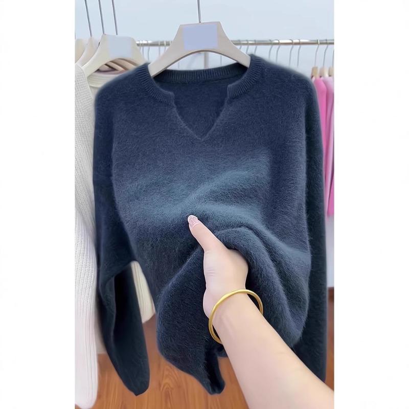 Vintage high-texture gray half-open neck pullover sweater women's mink fleece soft waxy mohair knitted top autumn and winter