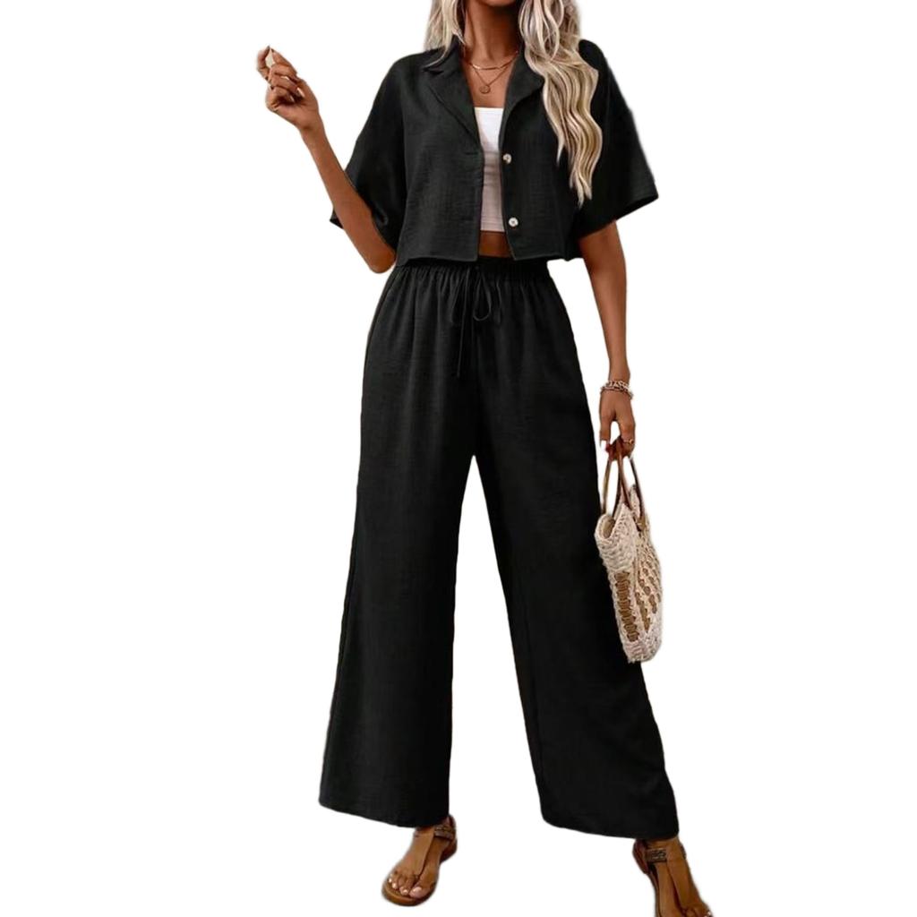 Damen Zweiteiler Lässig Locker Kurzarm Kragen Button-Down Oberteile und Elastischer Bund Kordelzug Weitbeinige Hosen