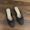Fashion SUOJIALUN Summer New Women Slip On Mules Shoes Fashion Cane Weave Ladies Sandal Shoes Square Low Heel Outdoor Casual Slipper