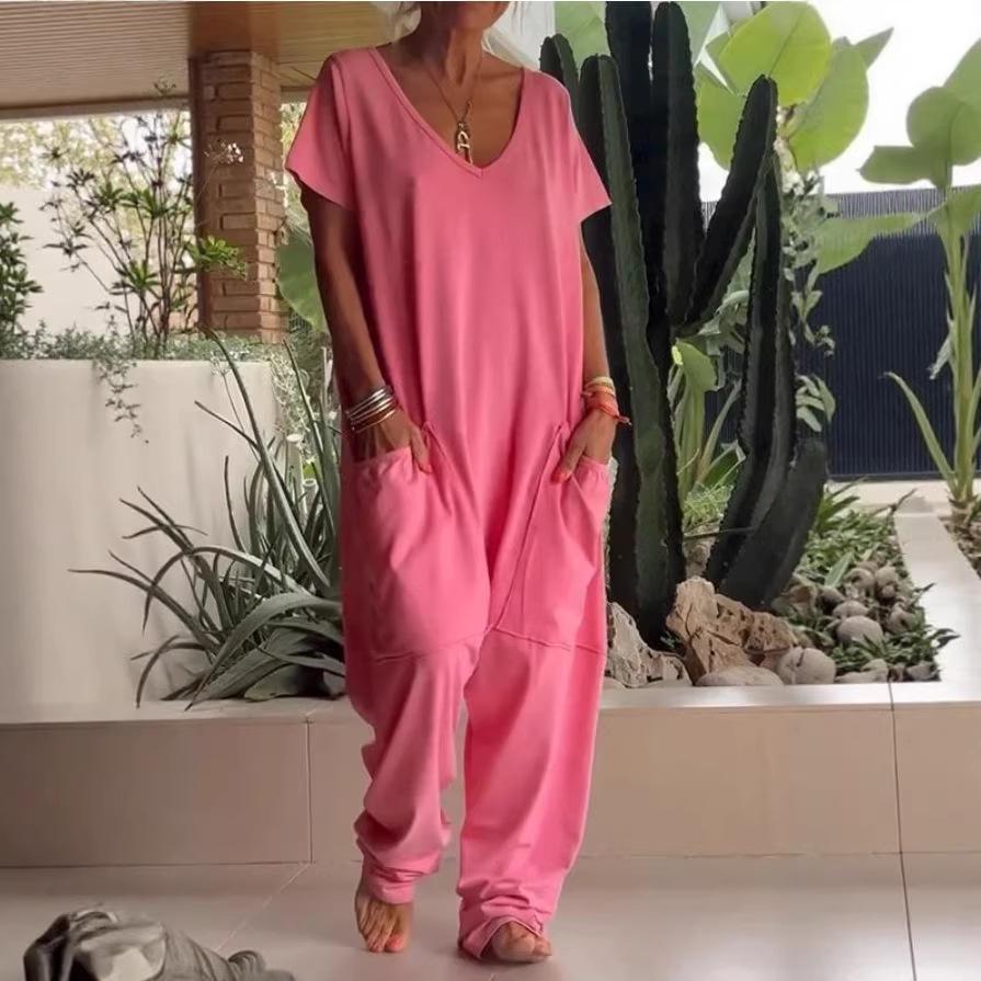 2026 Spring/Summer Women's Solid Color Low Crotch Jumpsuit with Large Pockets - Elegant, Europe/America Style