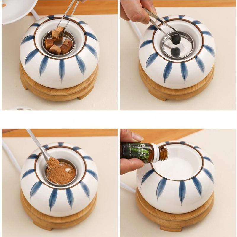 80°-230° Ceramics Plug-in OUDH Woodchip Incense Burner Paint Leaf Timed 110v/220v Sandalwood Essential Oil Fragrant Stove